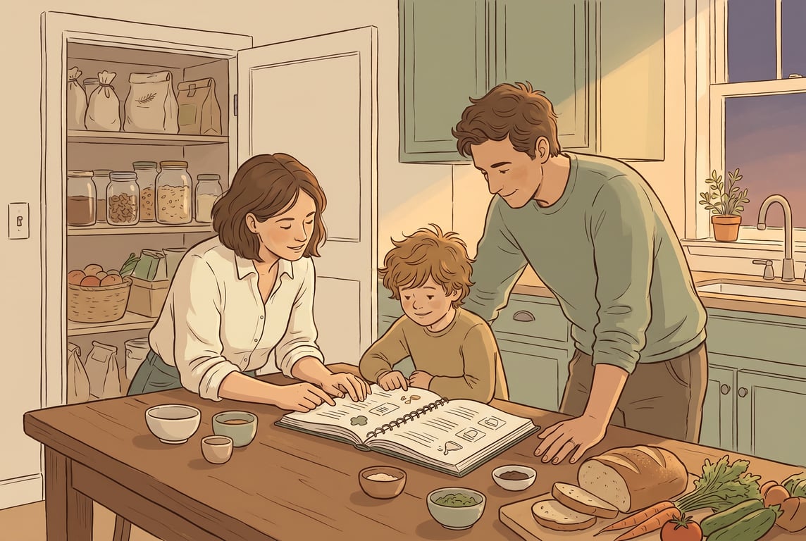 A warm, calm editorial illustration of a family kitchen in the early evening, with a cream and soft forest-green palette. On the wooden table, a shared weekly meal plan board, a grocery list, a few si