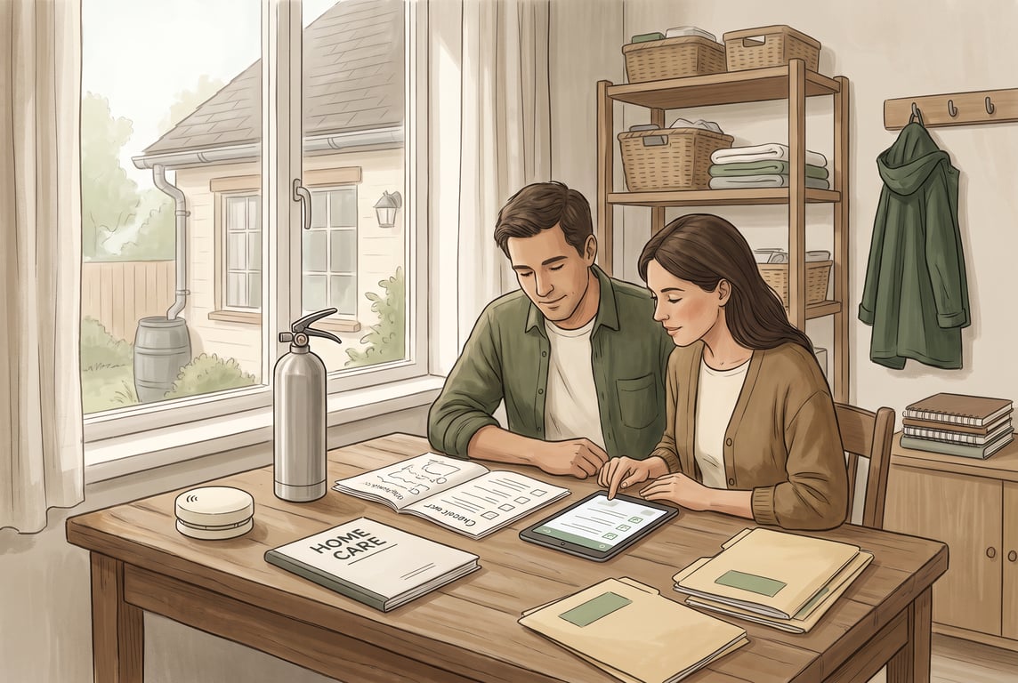A calm semi-realistic editorial illustration of a shared household maintenance system: two adults in a warm, tidy home office by a window, calmly reviewing a paper checklist and a tablet beside neatly