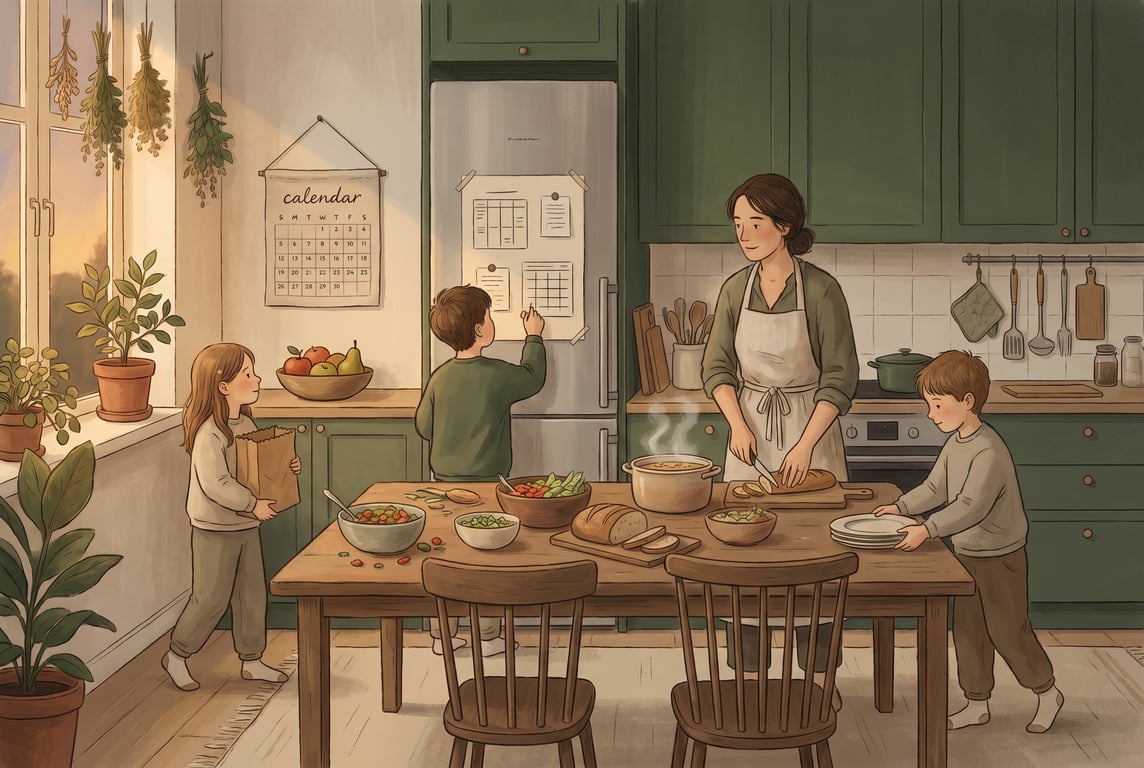 A warm, calm illustration of a busy Scandinavian family kitchen in the early evening, with a cream-colored weekly meal planner pinned on the fridge, a wooden table holding simple prepared ingredients,