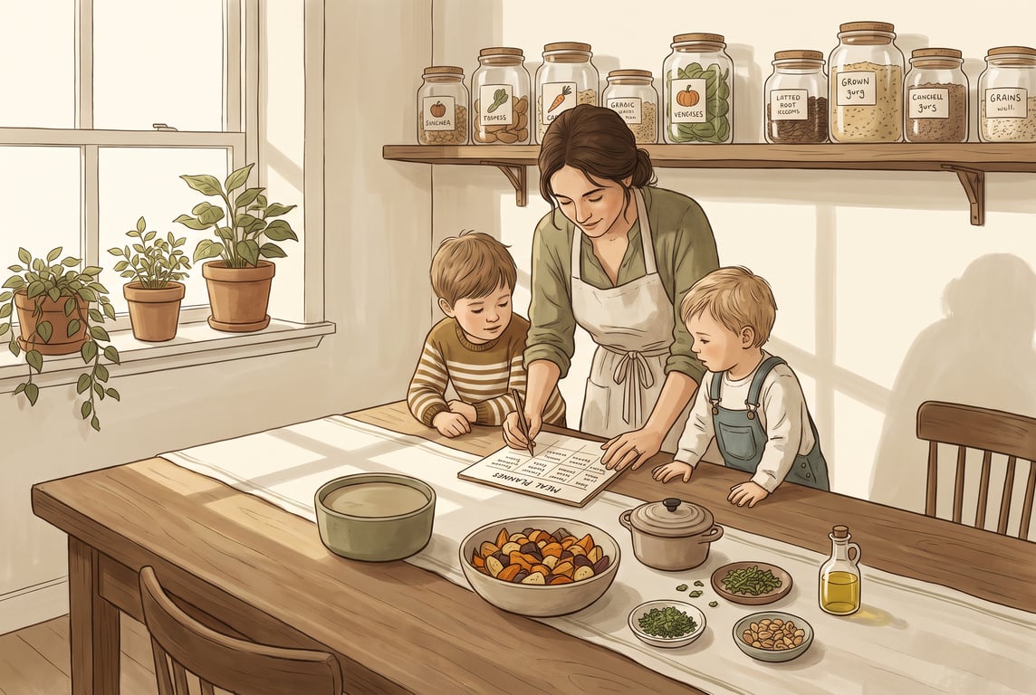 A calm, warm forest-inspired family kitchen scene in a soft cream-and-olive palette, showing a practical meal-planning moment rather than a dramatic one. A parent and two children stand around a woode