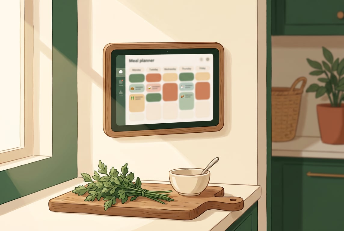 A warm, calm kitchen scene in a semi-realistic editorial illustration style, showing a wall-mounted tablet or small smart display beside a wooden cutting board, fresh herbs, a ceramic bowl, and a soft