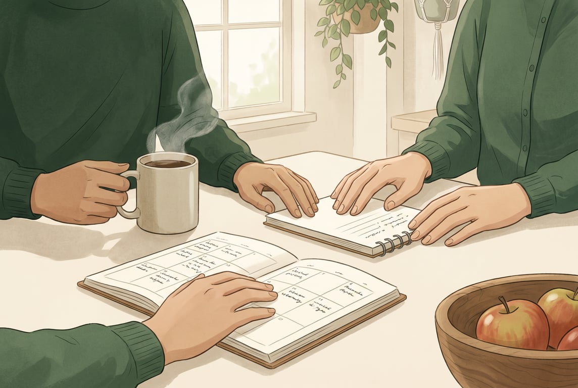 A warm, calm illustration of a family kitchen table on a Sunday evening, with a parent and two children gently reviewing a shared weekly planner, a simple wall calendar, a notebook, a grocery list, an