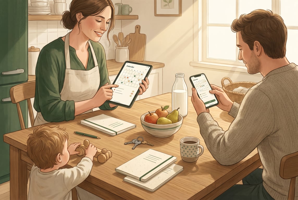 A warm, calm editorial illustration of a shared family home kitchen at golden morning light, with two adults and a child naturally coordinating around a simple organizing app on a tablet and phone, wh