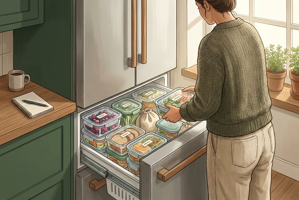 A modern, warm, semi-realistic illustration, calm scene in a Scandinavian home: a family member stands beside an open freezer drawer in a two door fridge with freezer on a wooden kitchen floor, carefu