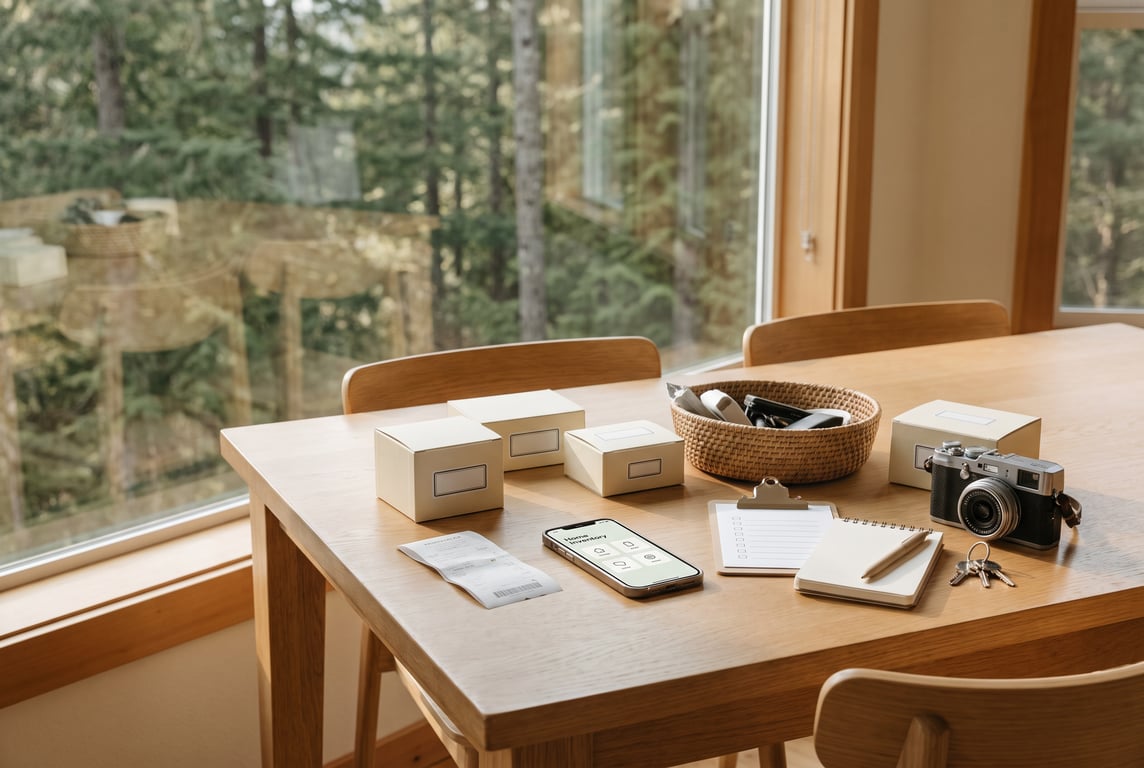 A calm, warm editorial-style illustration scene of a modern family home interior with a soft forest-and-cream palette: a wooden dining table beside a window looking out to evergreen trees, with a neat