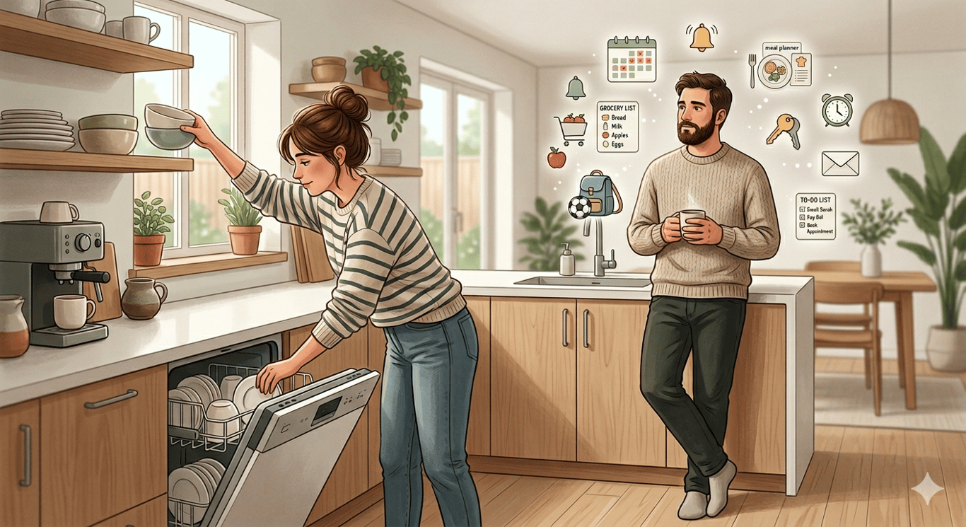 One person is physically doing a simple task like unloading a dishwasher, while the other is standing still, surrounded by subtle floating icons representing mental load — calendar reminders, grocery lists, children’s activities, notifications, meal plans. *Generated using AI