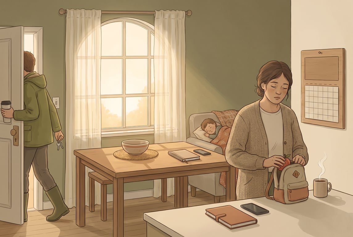 A calm editorial illustration of a small family kitchen at dawn, with one parent in work clothes quietly leaving while the other parent, slightly tired, prepares a child’s backpack and a simple breakf