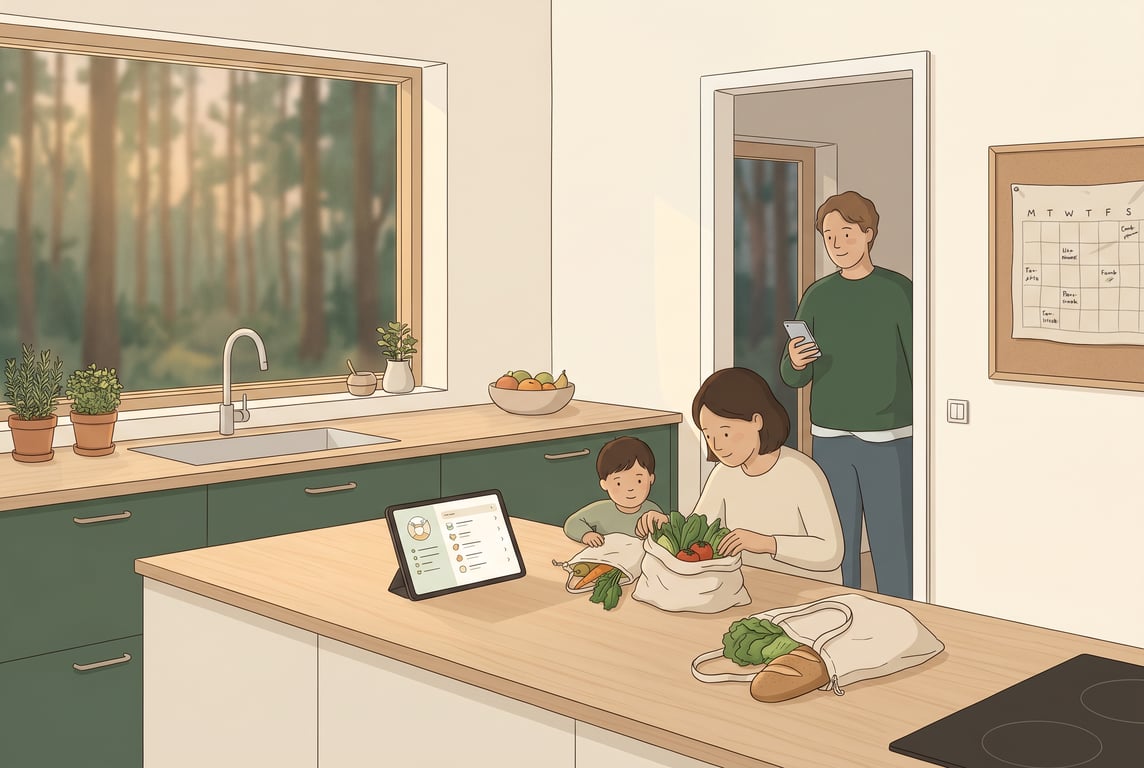 A warm, calm illustration of a modern scandinavian family kitchen in the early evening, with a cream and forest-green palette, soft natural window light, and subtle wooden textures. A parent and child