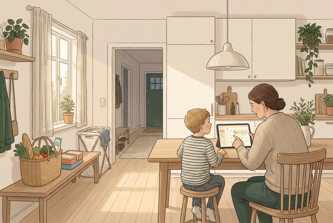 A warm, natural illustration of a calm Scandinavian family kitchen and hallway at the end of a busy afternoon, with a parent and child quietly coordinating around a shared home board on a phone or tab