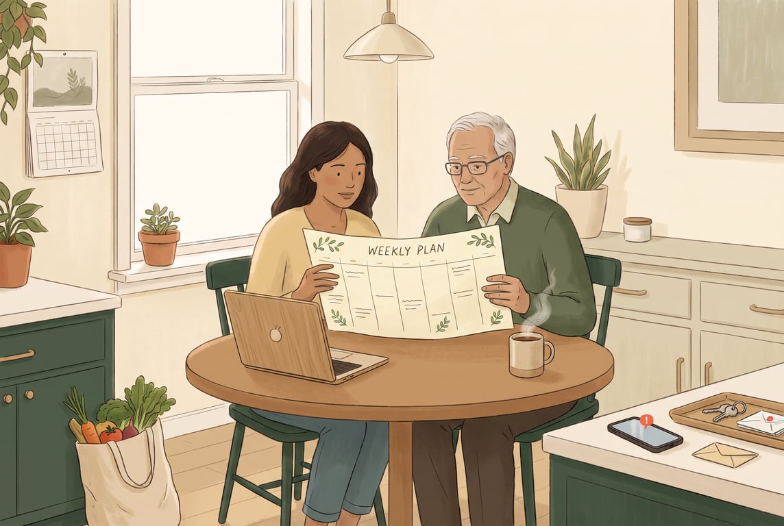 A warm, calm editorial illustration of an adult child and an older parent sitting together at a kitchen table in a cozy Scandinavian home, reviewing a simple paper weekly plan beside a laptop and a cu