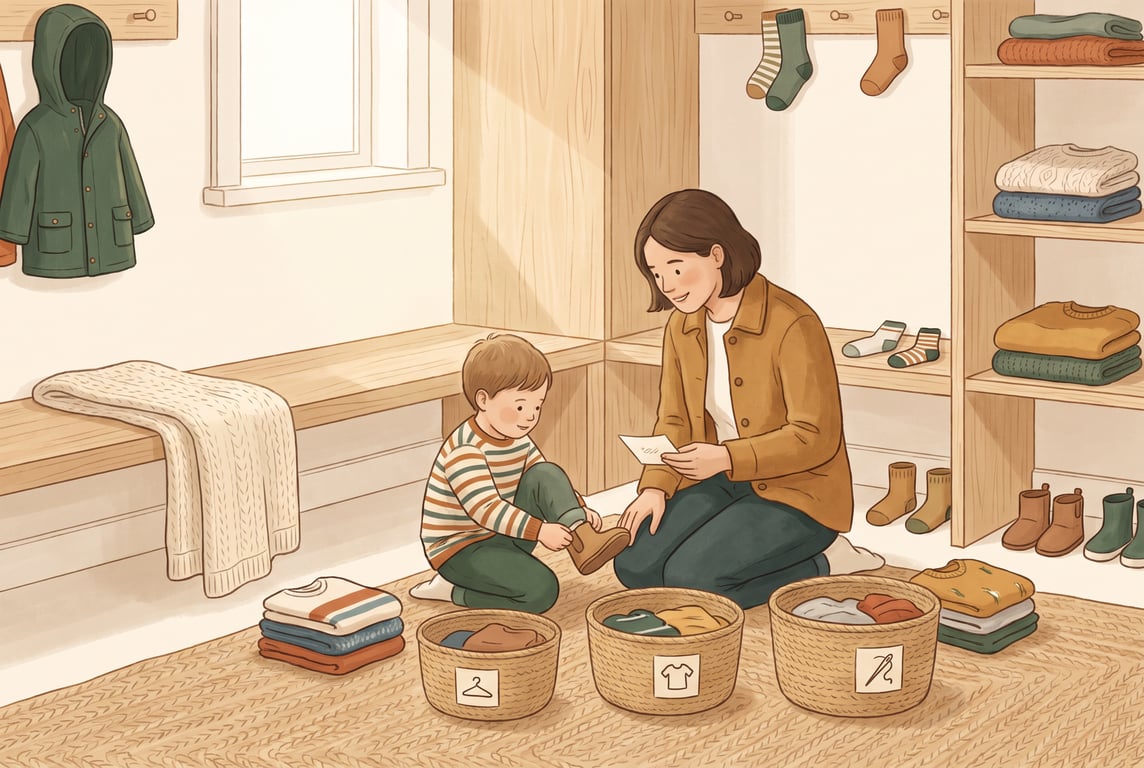 A calm, warm editorial illustration of a parent and child in a softly lit home entryway, sorting a small pile of children’s clothes into three neat woven baskets labeled only by visual cues: one for w