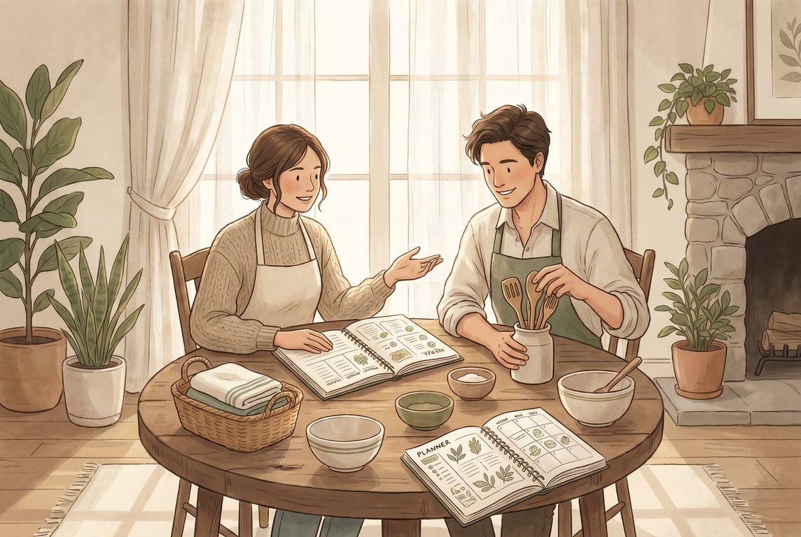 A warm, calm editorial illustration of two adults in a cozy forest-inspired home kitchen and living area, sitting at a wooden table with a shared weekly chore board, grocery notes, laundry basket, and
