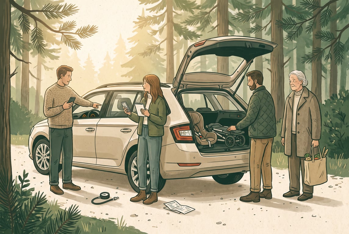A warm, calm editorial illustration of a family car handover in a Scandinavian driveway at soft morning light: one adult stands by an open boot with a child seat visible in the back, another person ho
