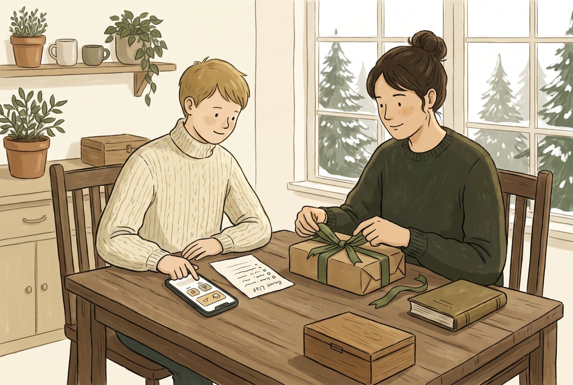 A warm, calm editorial illustration of a family gift-planning scene at a wooden kitchen table in a cozy Scandinavian home, with cream walls, soft forest-green accents, and natural oak materials. A par