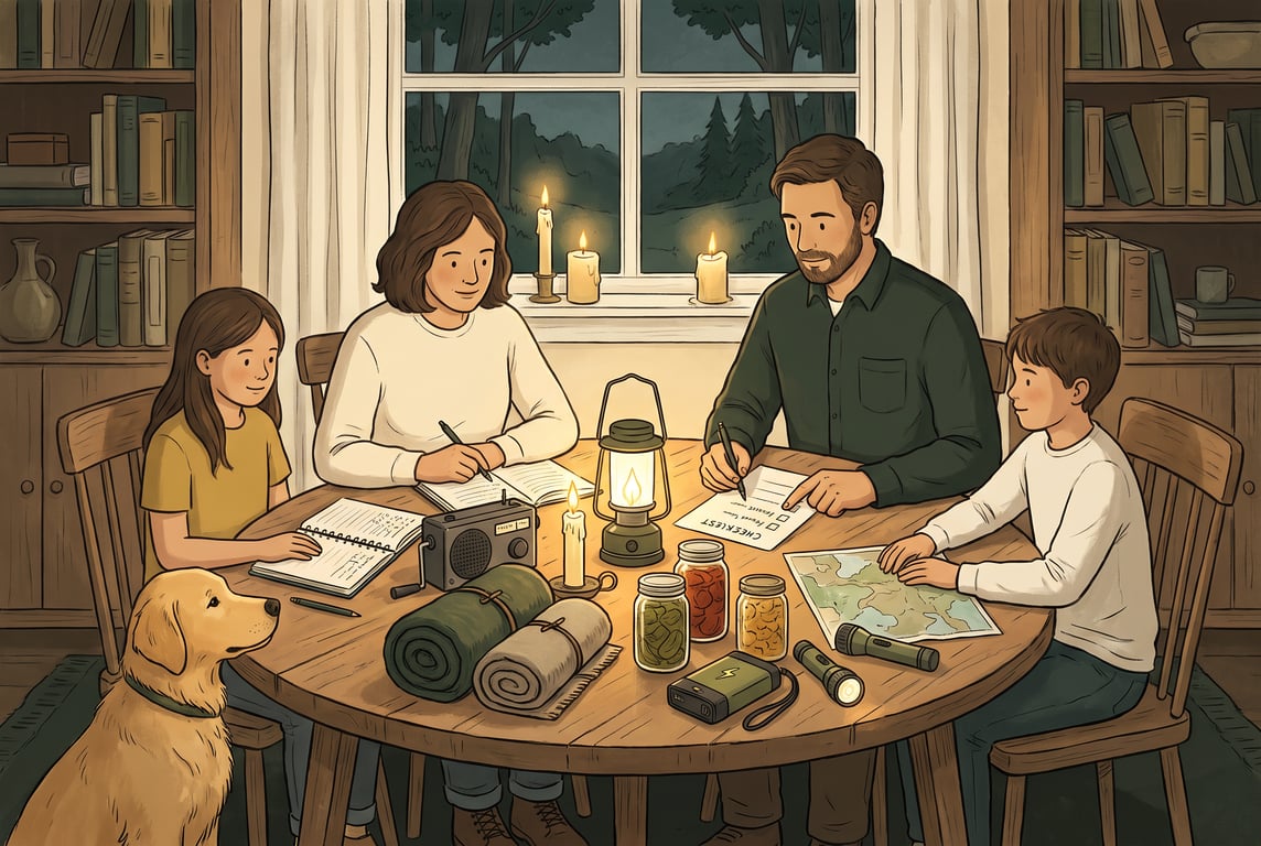 A warm, calm editorial-style illustration of a Nordic family gathered around a wooden kitchen table during a quiet evening power outage, planning emergency supplies together by candlelight and a batte