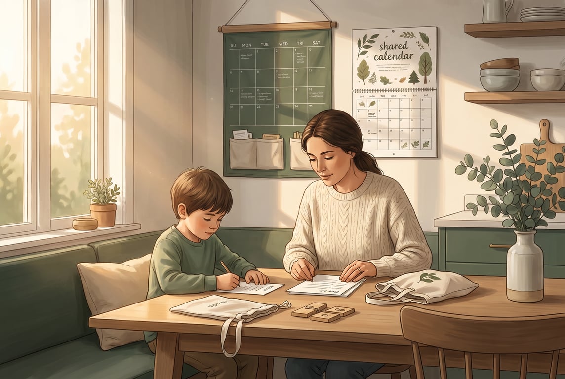 A warm, calm editorial-style illustration scene inside a cozy family home kitchen and dining nook, illustrated with semi-realistic detail in the Famn palette of forest greens, soft cream, muted wood,