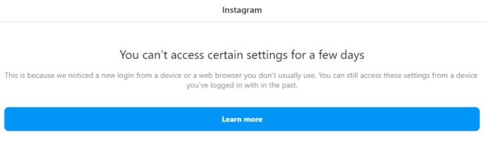 Instagram - you can't access certain settings