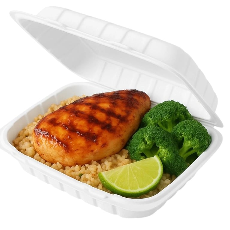 open 9 x 6 White Hinged Takeout Container with grilled chicken breast, rice, broccoli, and lime wedge