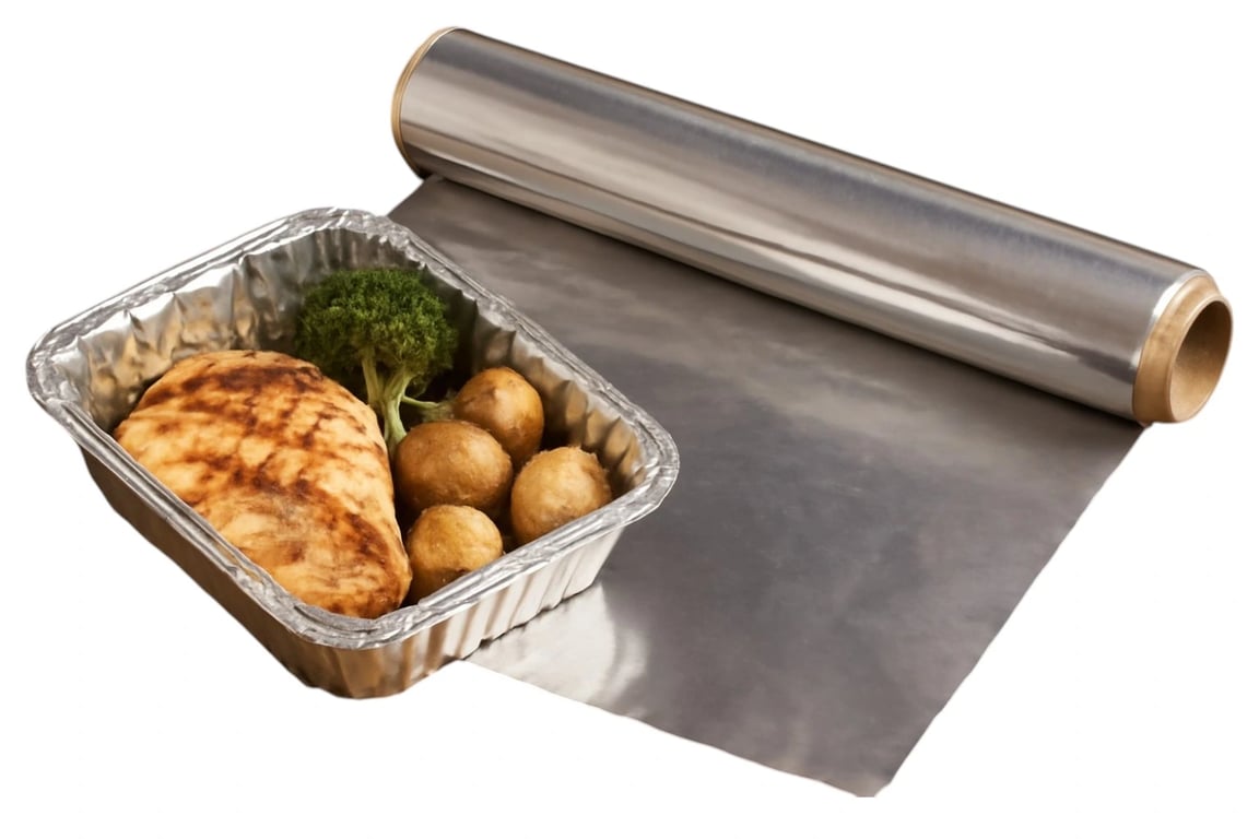 12 × 500' Heavy duty aluminum foil roll is partially unrolled next to a foil food tray