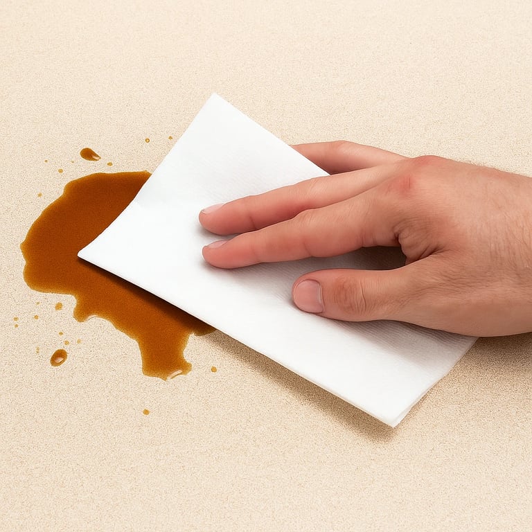 A hand wiping up a brown liquid spill with a 1-ply white tall-fold napkins
