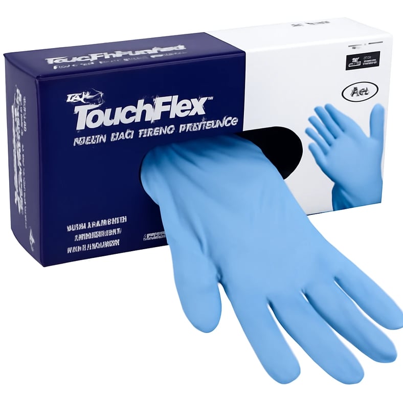 Blue nitrile gloves large​ being dispensed from a box