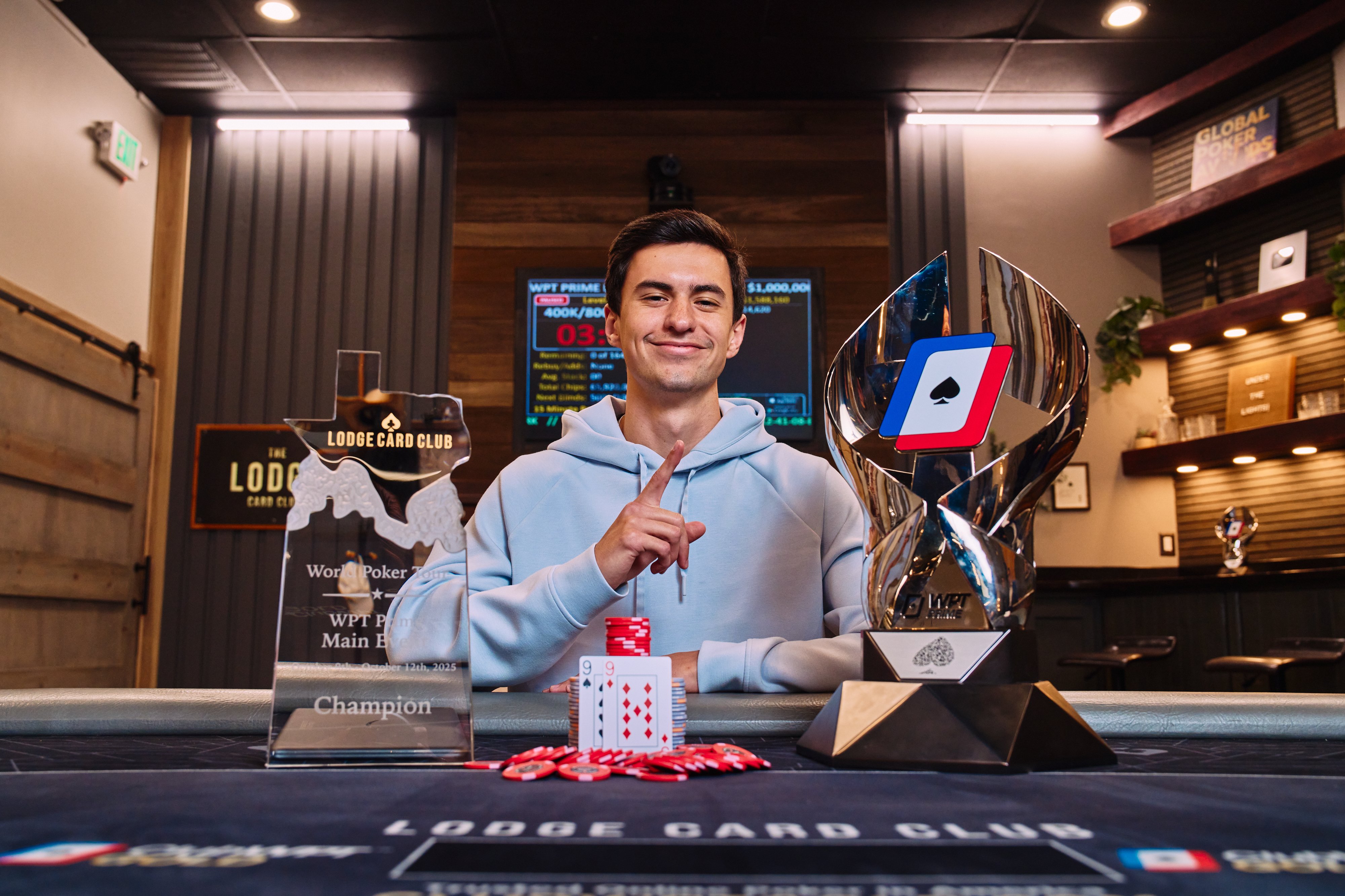 Harvey Castro at the Lodge Card Club with the WPT Lodge trophy