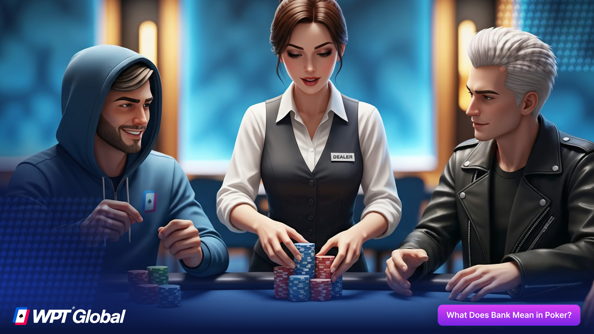 Poker dealer managing chips and handling the bank role