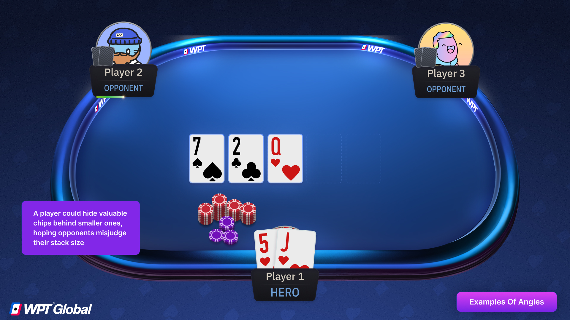 Player angle shooting by hiding large chips behind smaller ones