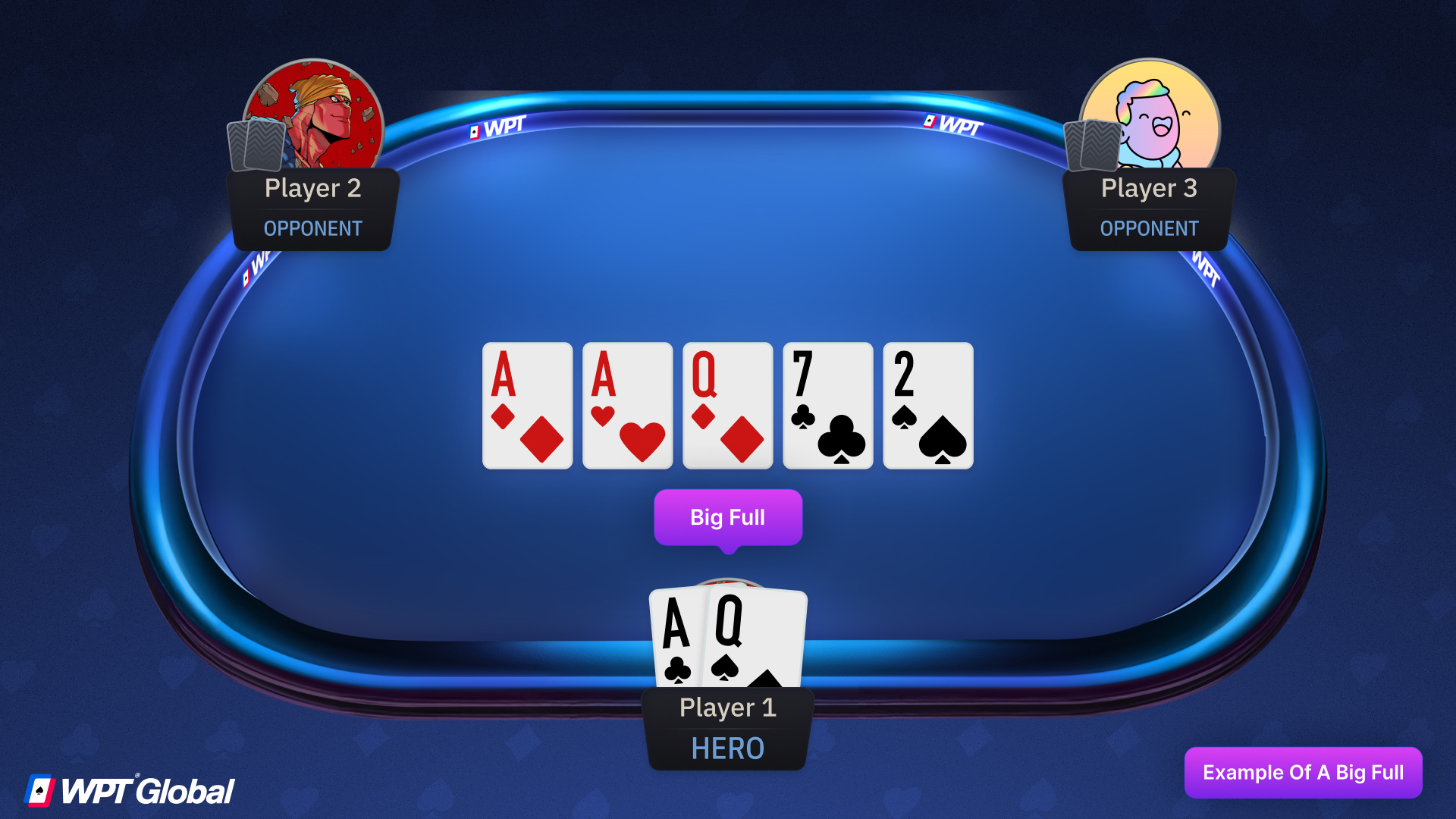 Big Full example hand Aces full of Queens.