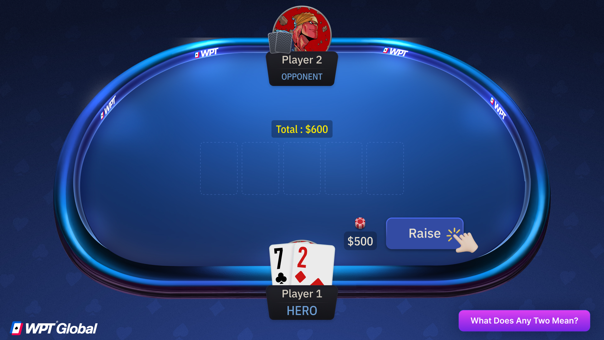 Poker player raising with weak hole cards, representing “any two”