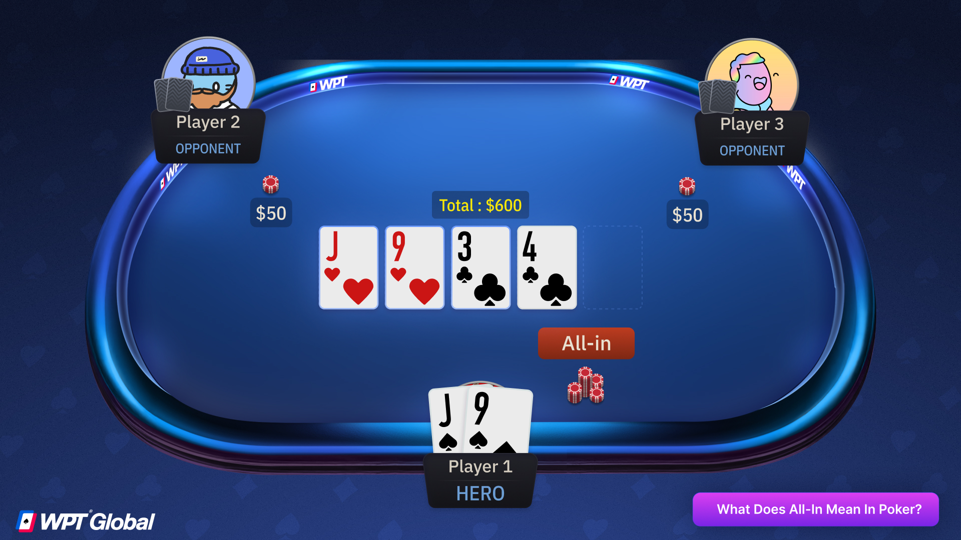 Poker player moving all chips into the pot with an all-in shove