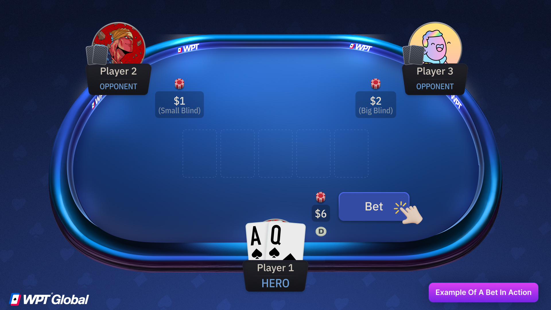 Poker hand showing player betting $6 with A♠ Q♠