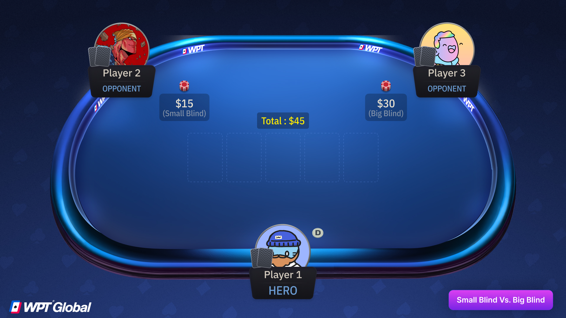 Table layout with dealer button, small blind, and big blind clearly marked.