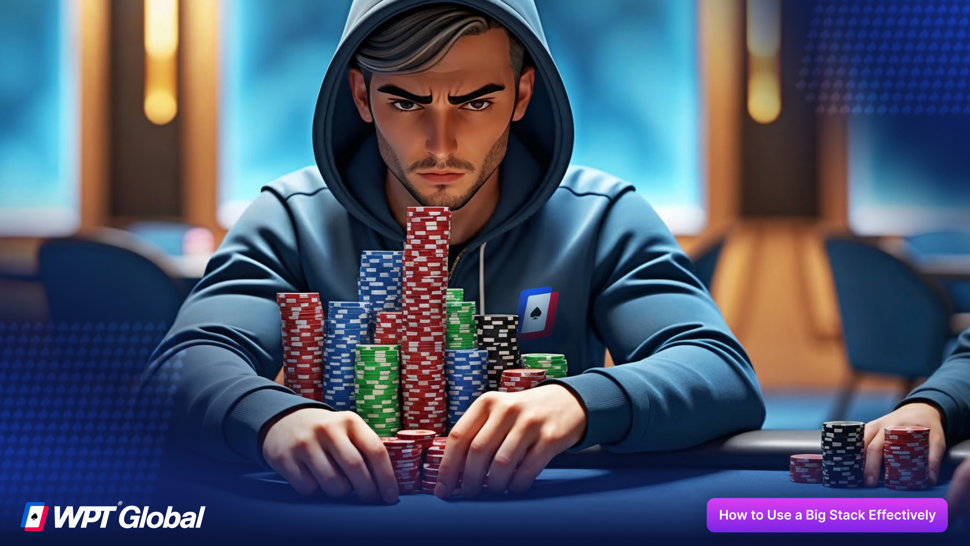 Large tower of poker chips representing a big stack in poker.