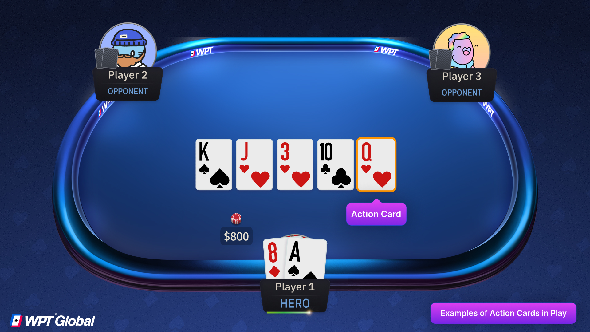 Poker player reacting to a river card that completes straight and flush draws, illustrating an action card.