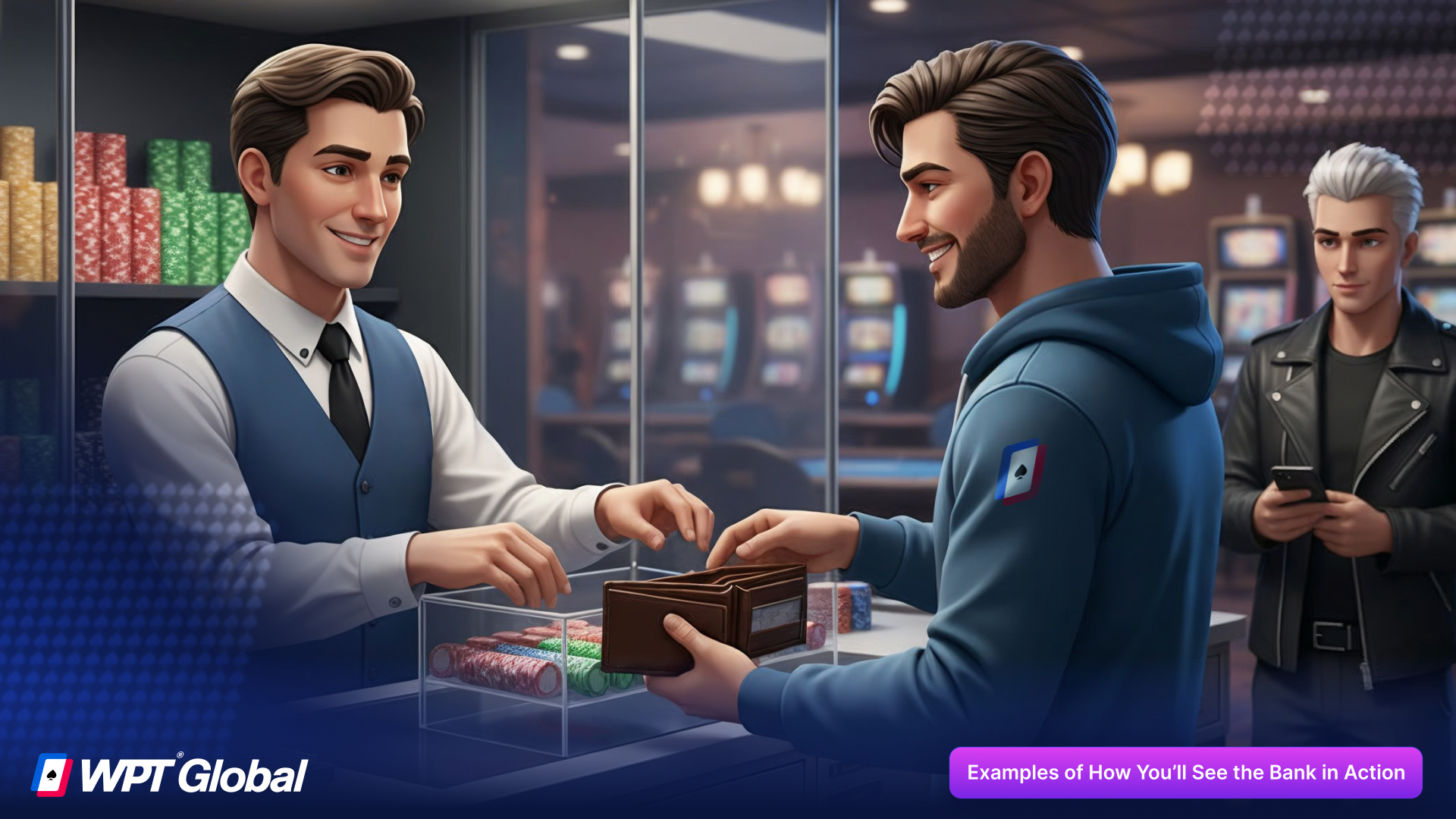 Poker cashier managing the bank by exchanging cash for chips