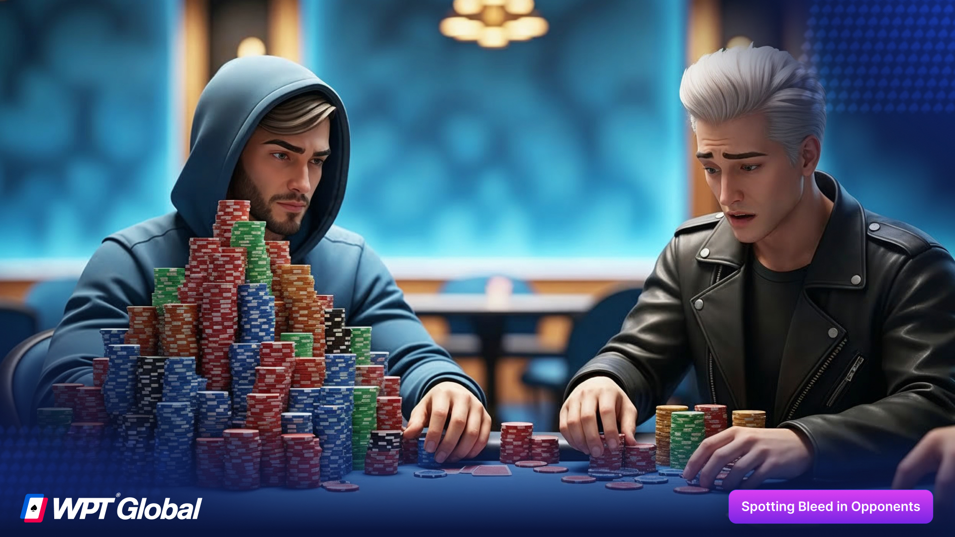 Side-by-side chip stacks showing one player bleeding chips and another accumulating them