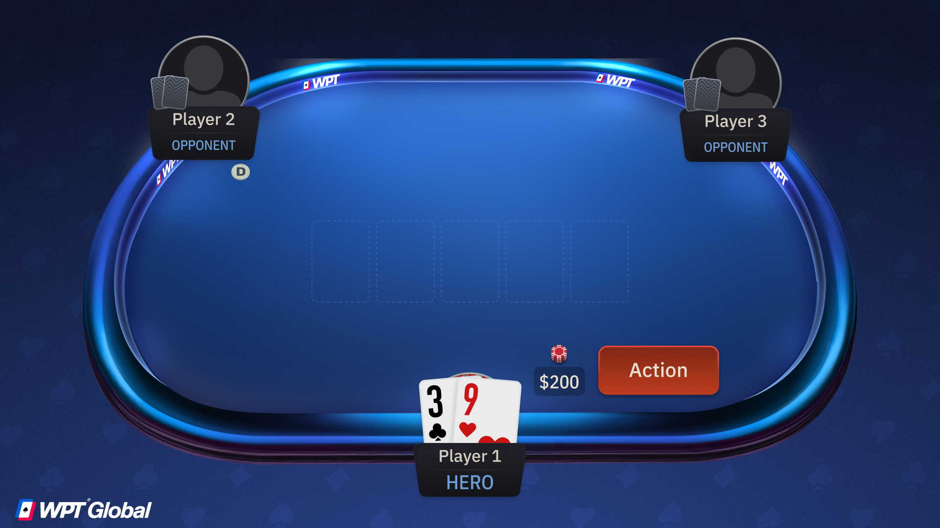 Poker table graphic with an action button in front of a player forcing them to place chips into the pot.