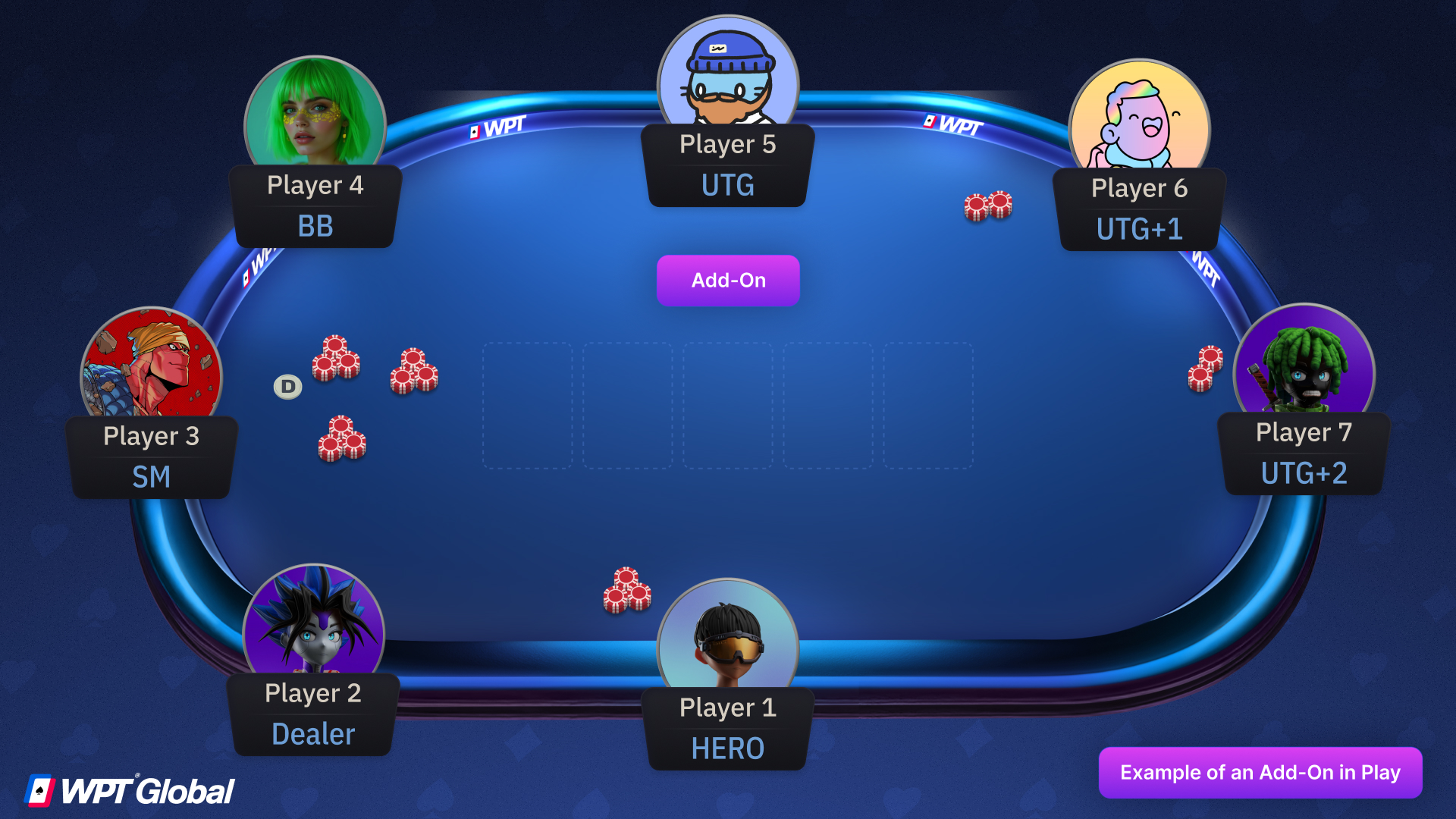 Dealer handing out add-on chip stacks to players during a poker tournament break.