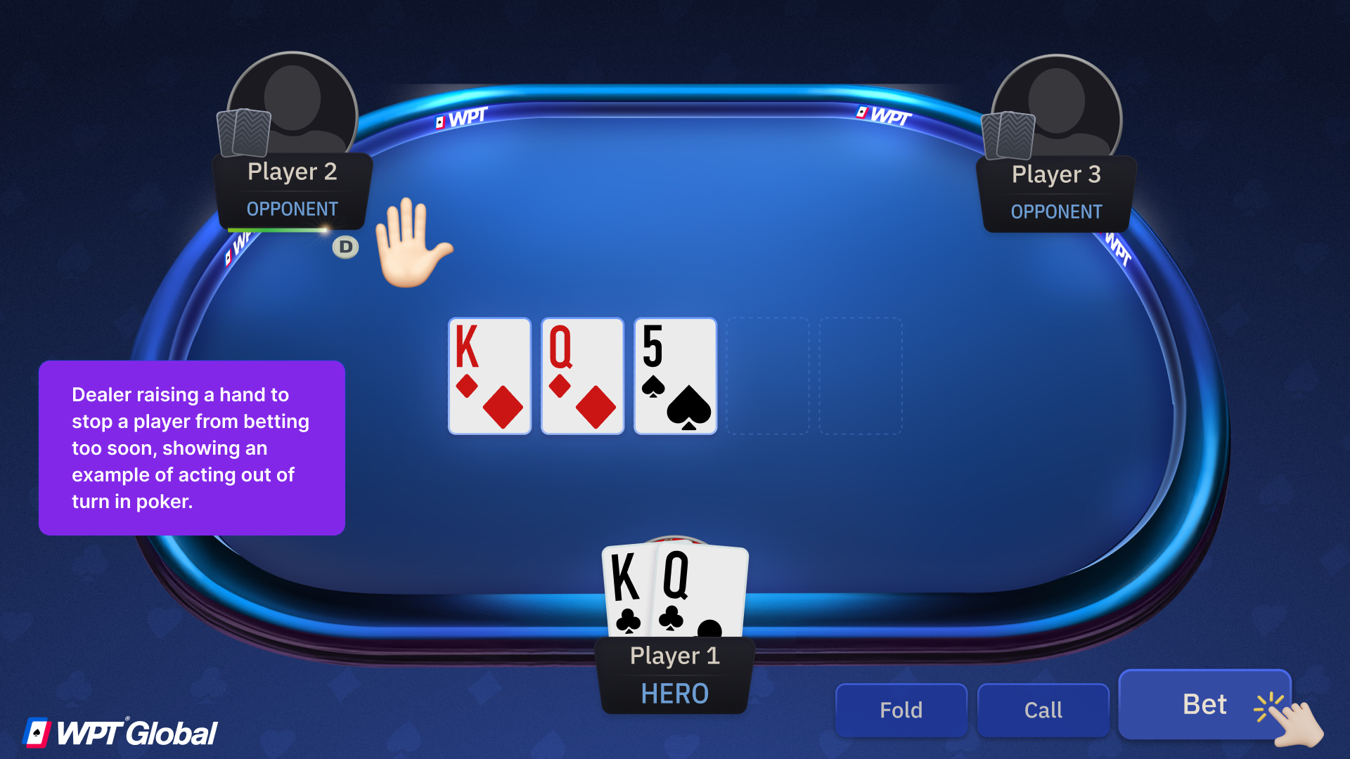 Dealer raising a hand to stop a player from betting too soon, showing an example of acting out of turn in poker.