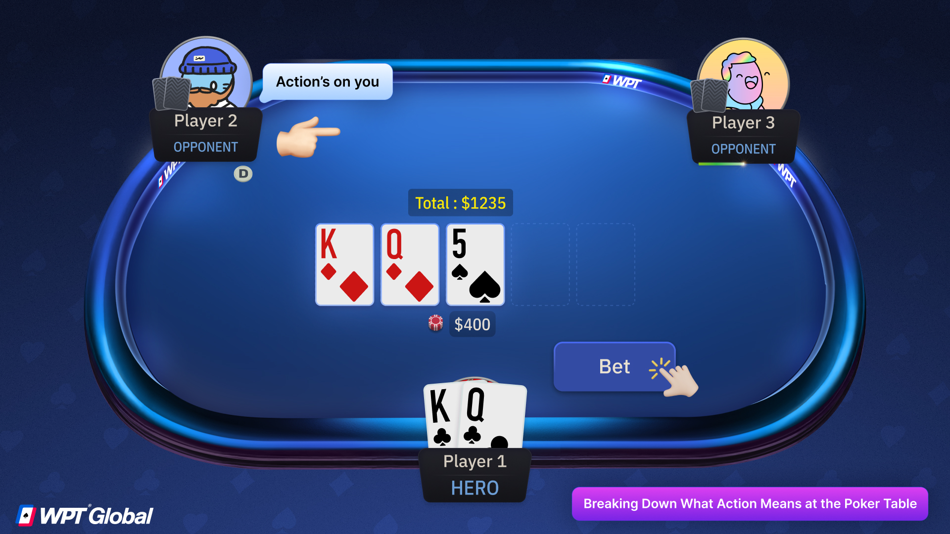 Poker table showing chips in the pot with the dealer pointing to a player, illustrating poker action and turn to act.