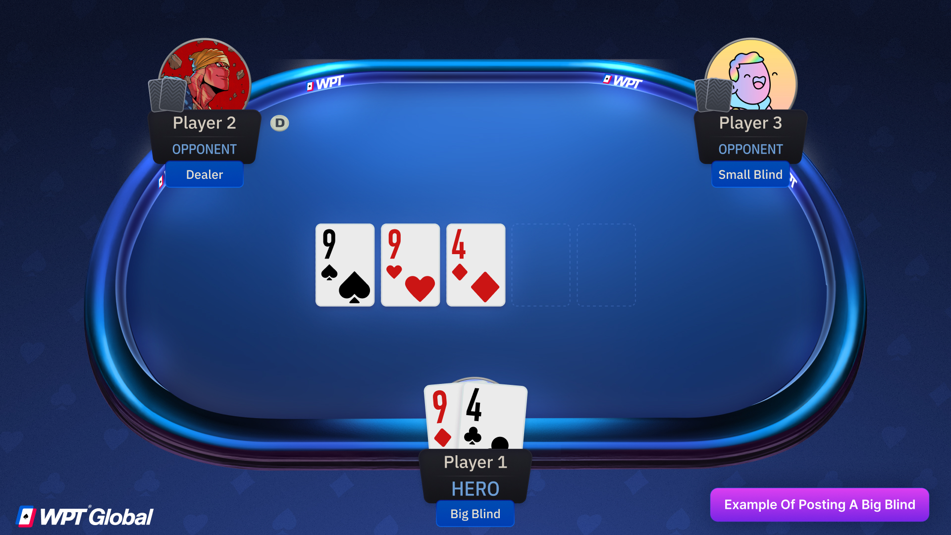 Big blind poker player with 9-4 offsuit hitting a full house on the flop.