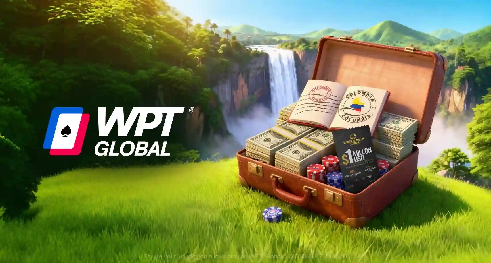 WPT® Global Colombia promotion artwork with suitcase full of cash and poker chips beside a waterfall and stamped Colombia passport.