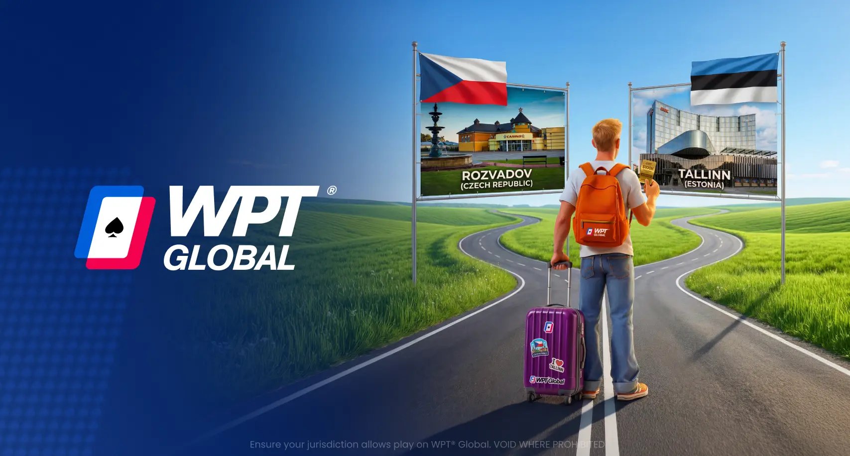 WPT® Global travel graphic showing a traveler with a backpack and suitcase standing at a forked road between Rozvadov in the Czech Republic and Tallinn in Estonia, with destination signs and national flags above each route.