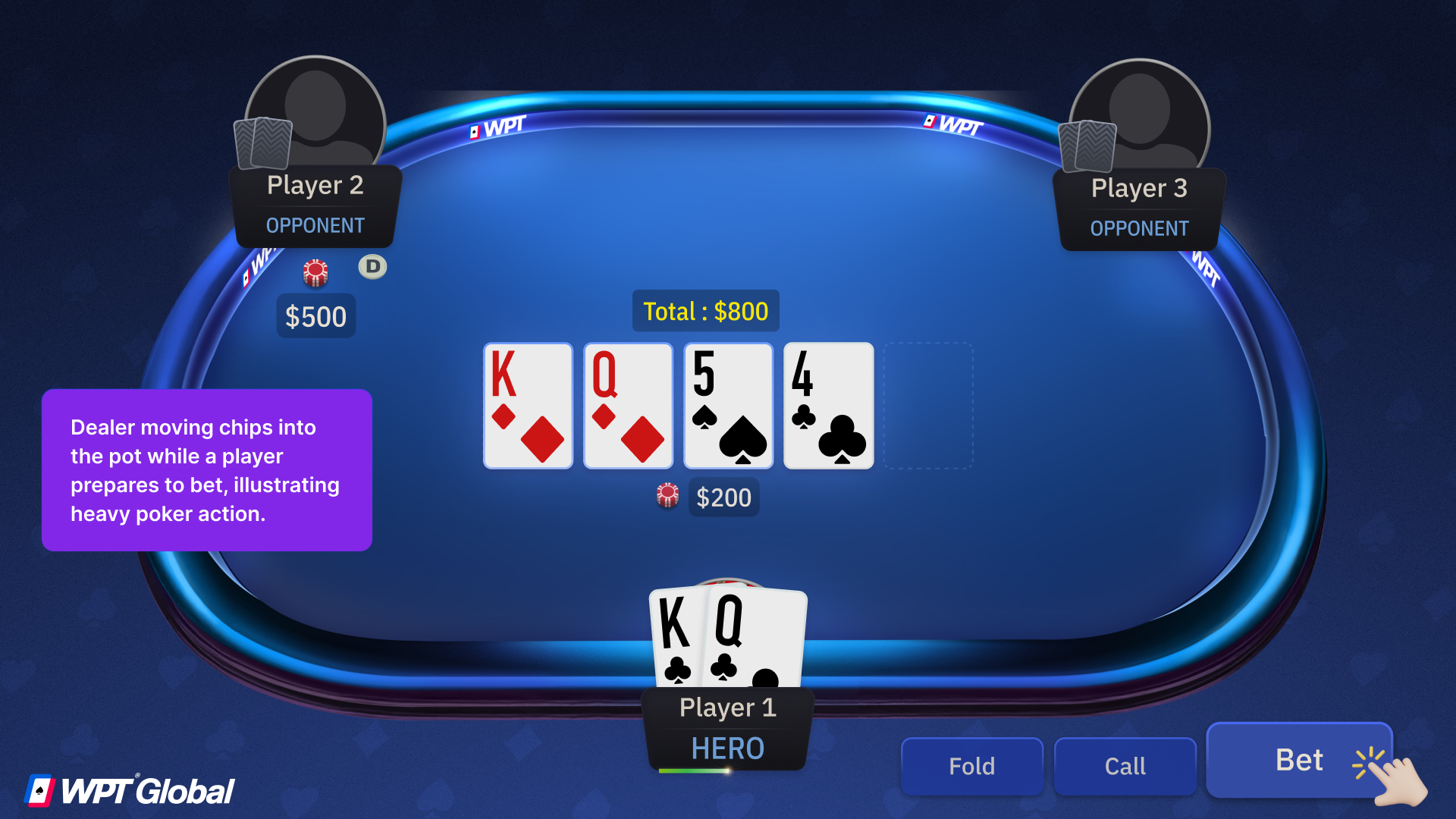 Dealer moving chips into the pot while a player prepares to bet, illustrating heavy poker action.