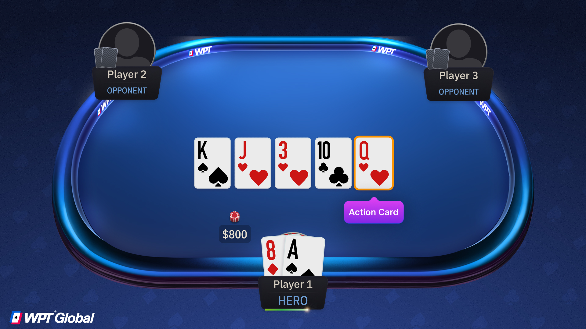 Poker player reacting to a river card that completes straight and flush draws, illustrating an action card.