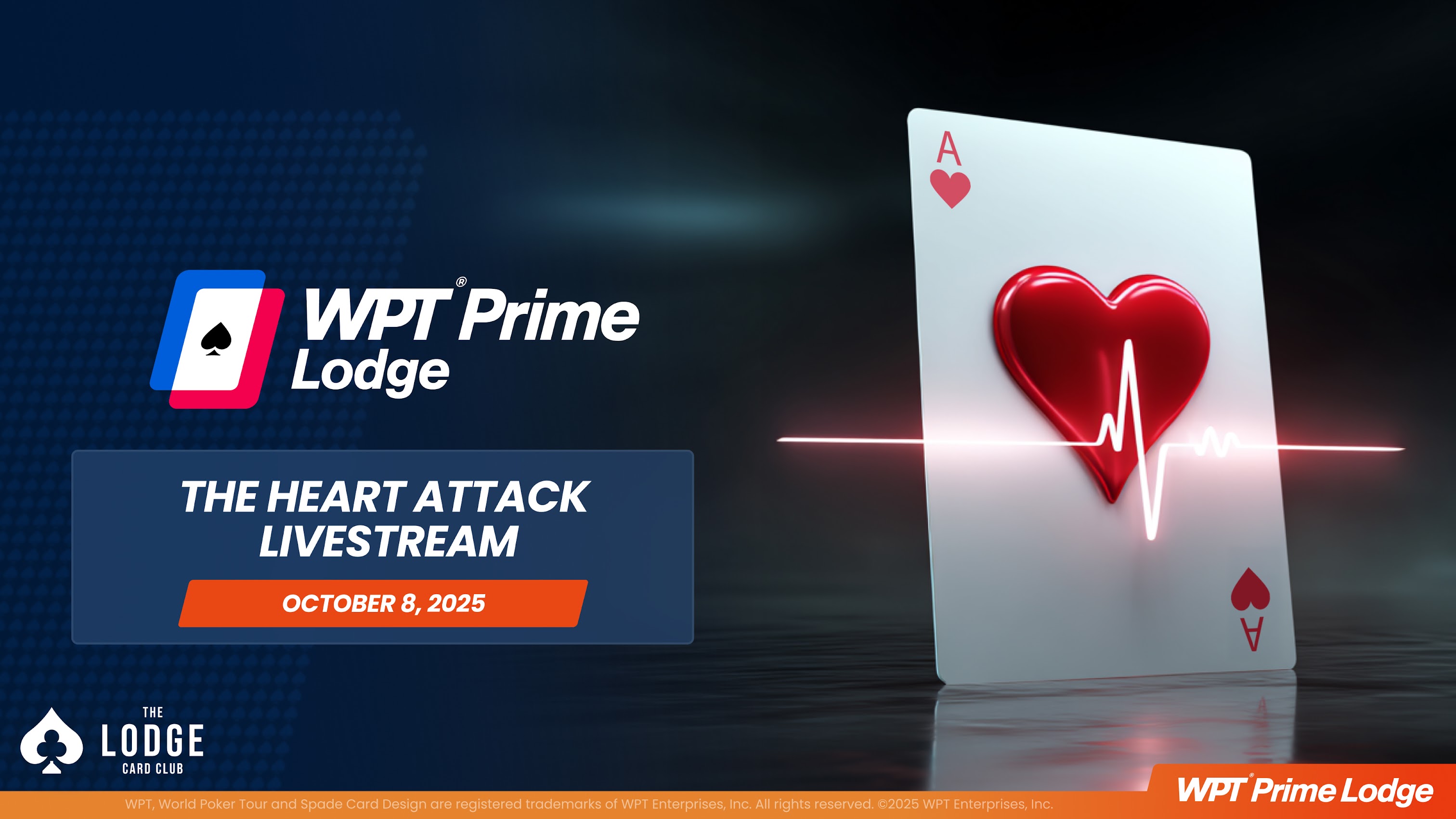 WPT Prime Lodge ‘Heart Attack’ livestream promo featuring an Ace of Hearts with a pulse line, October 8, 2025.