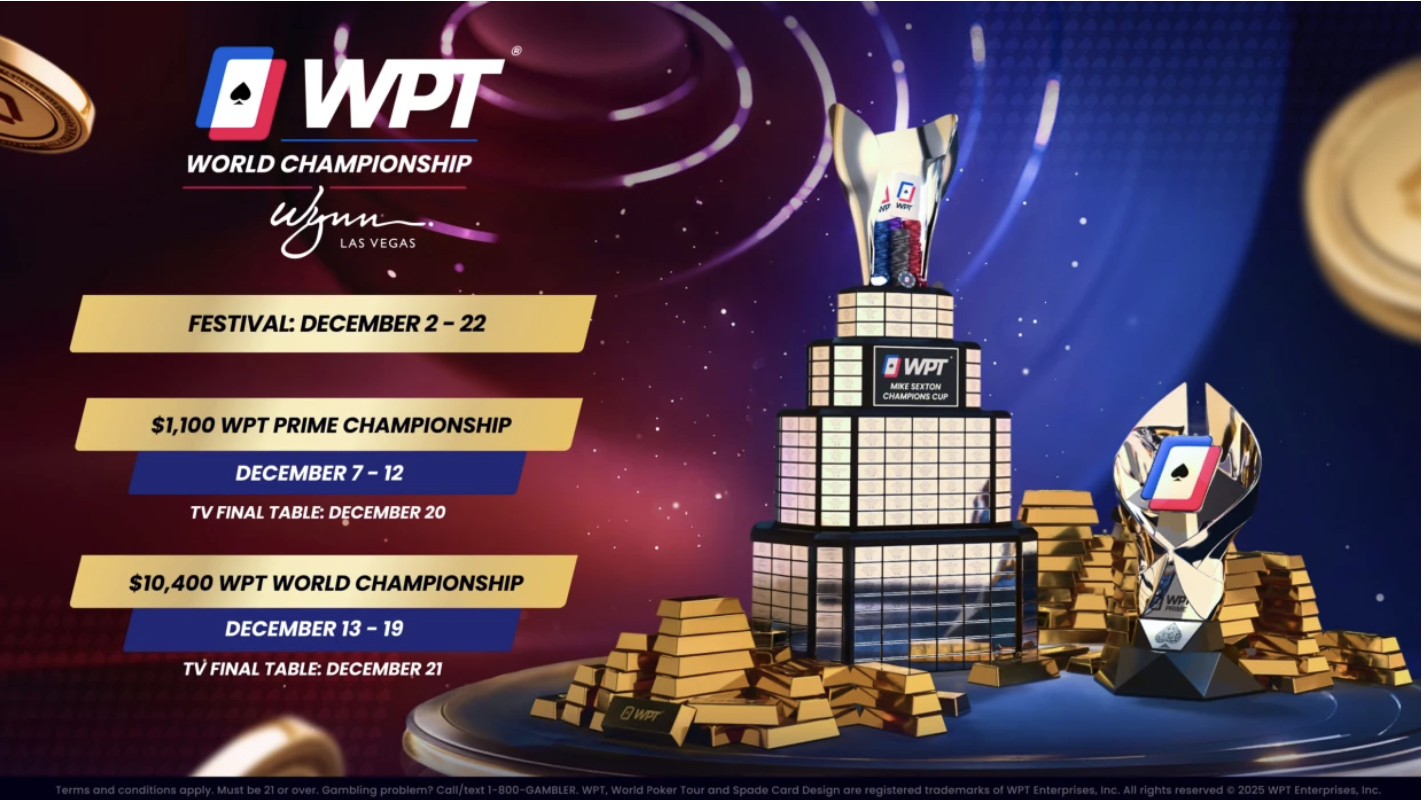 WPT World Championship 2025 promotional graphic featuring the Mike Sexton Champions Cup, trophy, and event dates at Wynn Las Vegas.