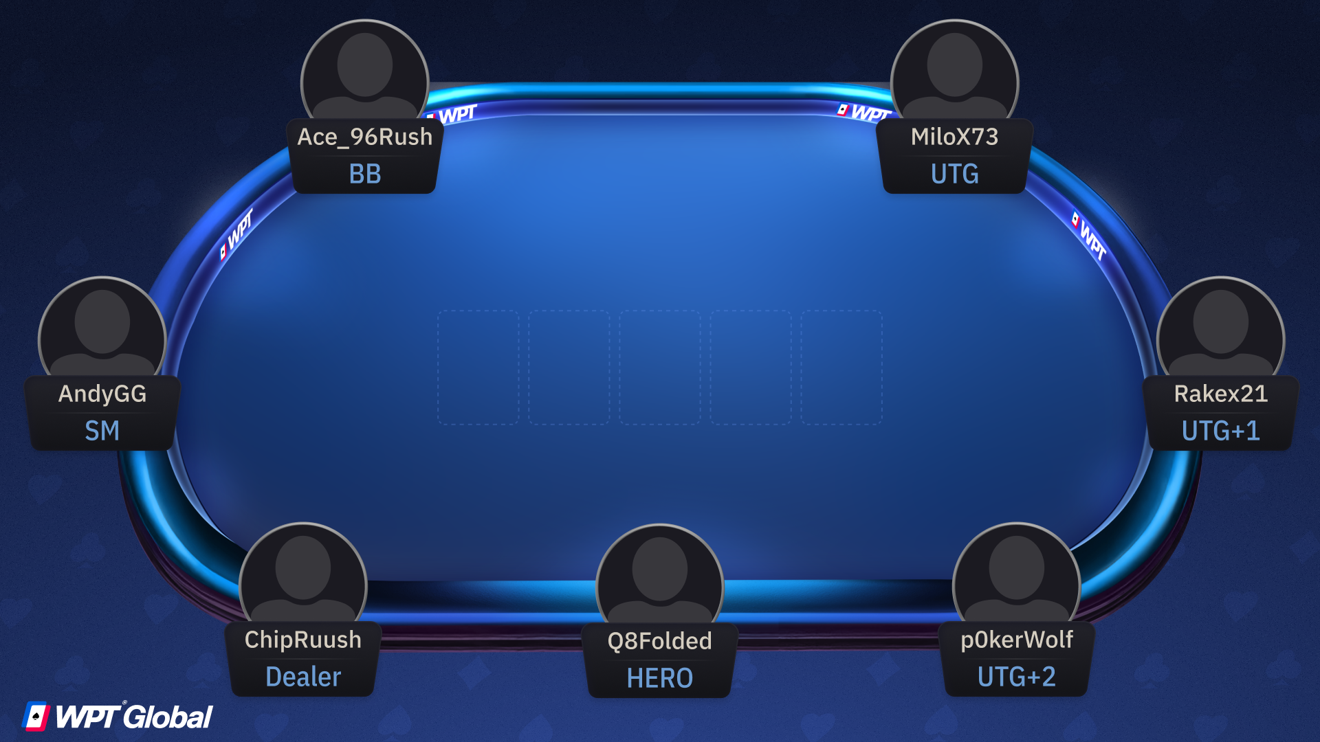 Online poker table displaying various player aliases