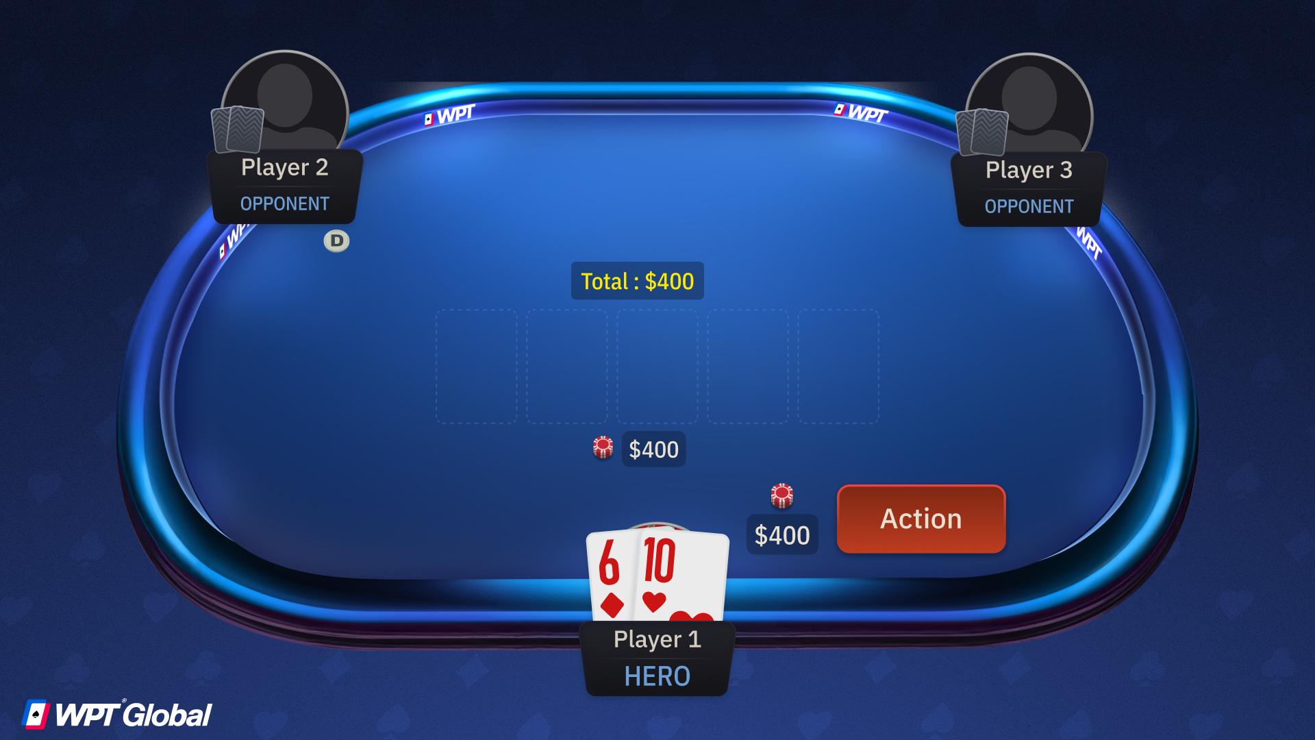 Example hand with action button forcing a player to post a bet, creating instant chips in the pot at the start of play.